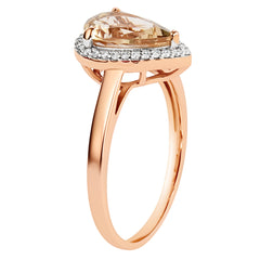 9K SOLID ROSE GOLD 1.28CT NATURAL PEAR MORGANITE HALO RING WITH 29 VS/G DIAMONDS.