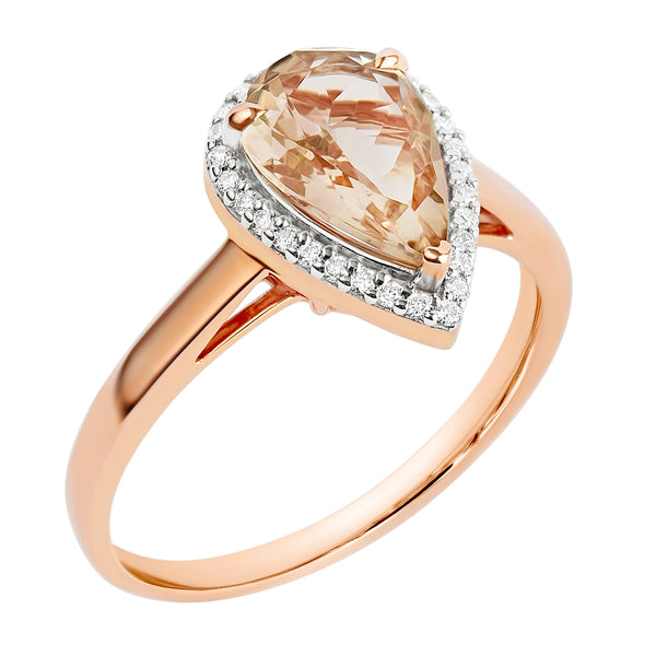 9K SOLID ROSE GOLD 1.28CT NATURAL PEAR MORGANITE HALO RING WITH 29 VS/G DIAMONDS.