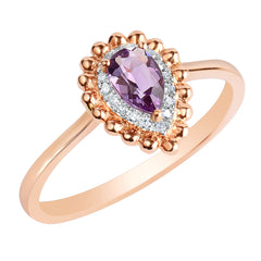 9K SOLID ROSE GOLD 0.40CT NATURAL PEAR CUT PURPLE AMETHYST WITH 16 DIAMONDS.