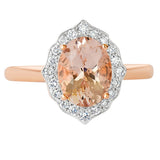 18K SOLID ROSE GOLD 1.80CT NATURAL OVAL MORGANITE HALO RING WITH 20 VS/G DIAMONDS.