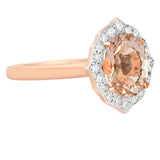 18K SOLID ROSE GOLD 1.80CT NATURAL OVAL MORGANITE HALO RING WITH 20 VS/G DIAMONDS.