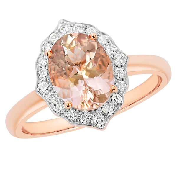 18K SOLID ROSE GOLD 1.80CT NATURAL OVAL MORGANITE HALO RING WITH 20 VS/G DIAMONDS.