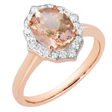 18K SOLID ROSE GOLD 1.80CT NATURAL OVAL MORGANITE HALO RING WITH 20 VS/G DIAMONDS.
