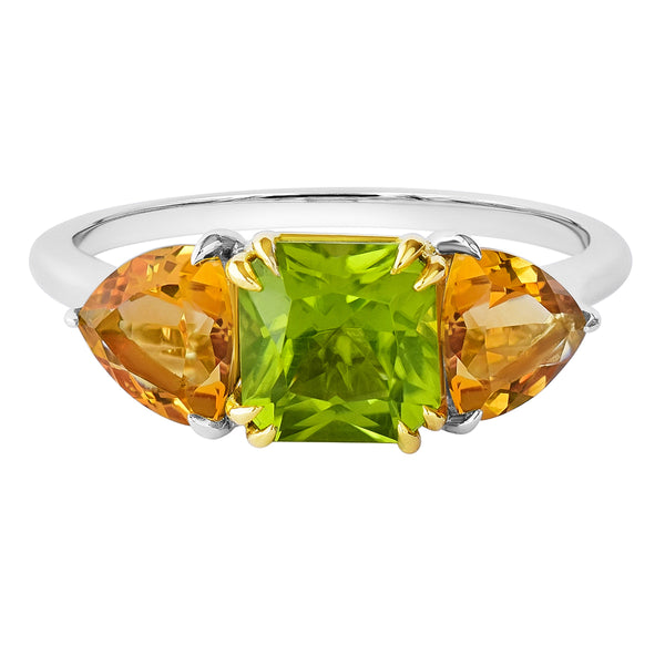 18K SOLID GOLD 1.80CT NATURAL ASSCHER PERIDOT AND TRILLIANT CITRINE RING.
