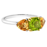 18K SOLID GOLD 1.80CT NATURAL ASSCHER PERIDOT AND TRILLIANT CITRINE RING.