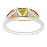 18K SOLID GOLD 1.80CT NATURAL ASSCHER PERIDOT AND TRILLIANT CITRINE RING.