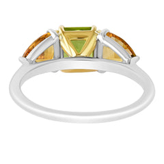 18K SOLID GOLD 1.80CT NATURAL ASSCHER PERIDOT AND TRILLIANT CITRINE RING.
