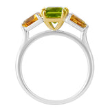 18K SOLID GOLD 1.80CT NATURAL ASSCHER PERIDOT AND TRILLIANT CITRINE RING.