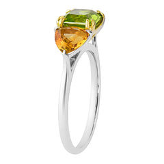 18K SOLID GOLD 1.80CT NATURAL ASSCHER PERIDOT AND TRILLIANT CITRINE RING.