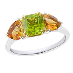 18K SOLID GOLD 1.80CT NATURAL ASSCHER PERIDOT AND TRILLIANT CITRINE RING.
