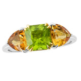 18K SOLID GOLD 1.80CT NATURAL ASSCHER PERIDOT AND TRILLIANT CITRINE RING.