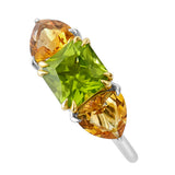 18K SOLID GOLD 1.80CT NATURAL ASSCHER PERIDOT AND TRILLIANT CITRINE RING.