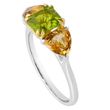 18K SOLID GOLD 1.80CT NATURAL ASSCHER PERIDOT AND TRILLIANT CITRINE RING.