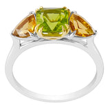 18K SOLID GOLD 1.80CT NATURAL ASSCHER PERIDOT AND TRILLIANT CITRINE RING.