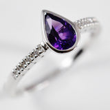 9K SOLID WHITE GOLD 0.70CT NATURAL PEAR CUT AMETHYST RING WITH 8 DIAMONDS.