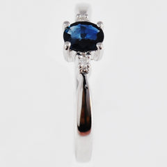 9K SOLID WHITE GOLD 0.40CT NATURAL OVAL BLUE SAPPHIRE RING WITH 2 DIAMONDS.