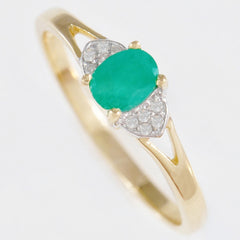 9K SOLID GOLD HANDMADE VINTAGE INSPIRED 0.50CT NATURAL EMERALD RING WITH 10 DIAMONDS.