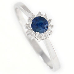 9K SOLID WHITE GOLD 0.40CT NATURAL SAPPHIRE HALO RING WITH 12 DIAMONDS.