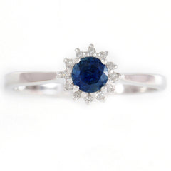 9K SOLID WHITE GOLD 0.40CT NATURAL SAPPHIRE HALO RING WITH 12 DIAMONDS.