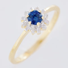 HANDMADE 9K SOLID GOLD 0.35CT NATURAL SAPPHIRE STARBURST RING WITH 6 DIAMONDS.