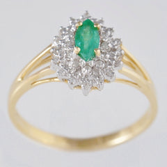 9K SOLID GOLD VINTAGE INSPIRED 0.25CT MARQUISE EMERALD RING WITH 28 DIAMONDS.