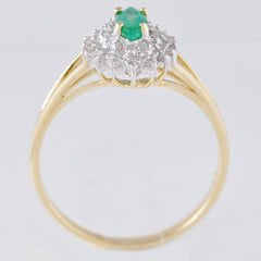 9K SOLID GOLD VINTAGE INSPIRED 0.25CT MARQUISE EMERALD RING WITH 28 DIAMONDS.
