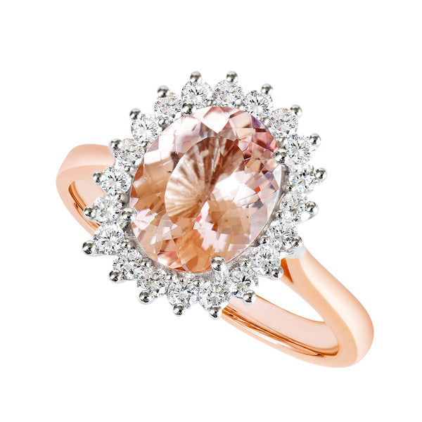 18K SOLID ROSE GOLD 2.27CT NATURAL OVAL MORGANITE HALO RING WITH 20 VS/G DIAMONDS.