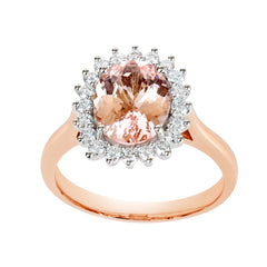 18K SOLID ROSE GOLD 2.27CT NATURAL OVAL MORGANITE HALO RING WITH 20 VS/G DIAMONDS.