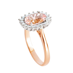 18K SOLID ROSE GOLD 2.27CT NATURAL OVAL MORGANITE HALO RING WITH 20 VS/G DIAMONDS.