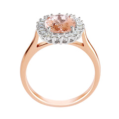 18K SOLID ROSE GOLD 2.27CT NATURAL OVAL MORGANITE HALO RING WITH 20 VS/G DIAMONDS.