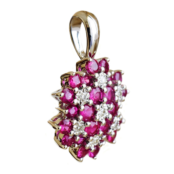 9K SOLID WHITE GOLD 0.85CT NATURAL RUBY CLUSTER PENDANT WITH SEVEN DIAMONDS.