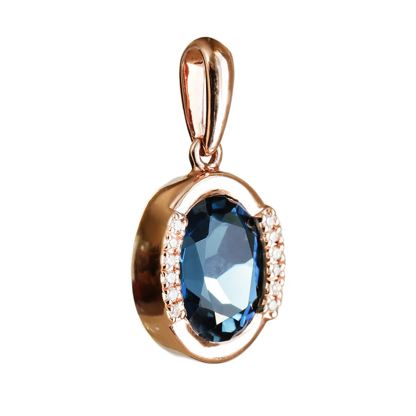 9K SOLID ROSE GOLD 1.90CT LONDON BLUE TOPAZ  PENDANT WITH TWELVE  DIAMONDS.