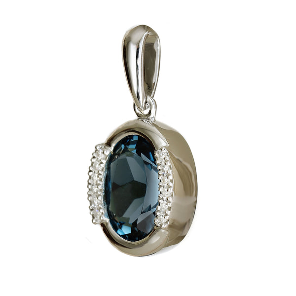 9K SOLID WHITE GOLD 1.90CT LONDON BLUE TOPAZ  PENDANT WITH TWELVE  DIAMONDS.