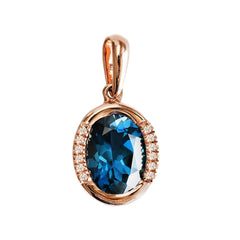 9K SOLID ROSE GOLD 1.90CT LONDON BLUE TOPAZ  PENDANT WITH TWELVE  DIAMONDS.