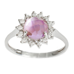 9K SOLID WHITE GOLD 1.40CT NATURAL DOME AMETHYST HALO RING WITH 14 DIAMONDS.