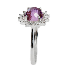9K SOLID WHITE GOLD 1.40CT NATURAL DOME AMETHYST HALO RING WITH 14 DIAMONDS.
