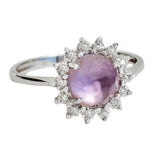 9K SOLID WHITE GOLD 1.40CT NATURAL DOME AMETHYST HALO RING WITH 14 DIAMONDS.