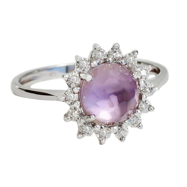 9K SOLID WHITE GOLD 1.40CT NATURAL DOME AMETHYST HALO RING WITH 14 DIAMONDS.