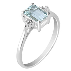 9K SOLID WHITE GOLD 0.90CT NATURAL EMERALD CUT AQUAMARINE + 6 DIAMOND RING.