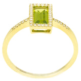 9K SOLID YELLOW GOLD 0.80CT NATURAL EMERALD CUT PERIDOT RING WITH 38 DIAMONDS.