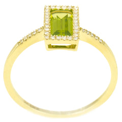 9K SOLID YELLOW GOLD 0.80CT NATURAL EMERALD CUT PERIDOT RING WITH 38 DIAMONDS.