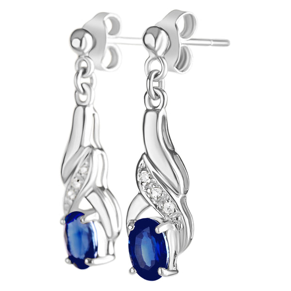 9K SOLID WHITE GOLD 1.20CT NATURAL BLUE SAPPHIRE AND 6 DIAMOND DROP DANGLE EARRINGS.