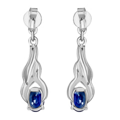 9K SOLID WHITE GOLD 1.20CT NATURAL BLUE SAPPHIRE AND 6 DIAMOND DROP DANGLE EARRINGS.