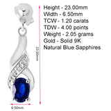 9K SOLID WHITE GOLD 1.20CT NATURAL BLUE SAPPHIRE AND 6 DIAMOND DROP DANGLE EARRINGS.