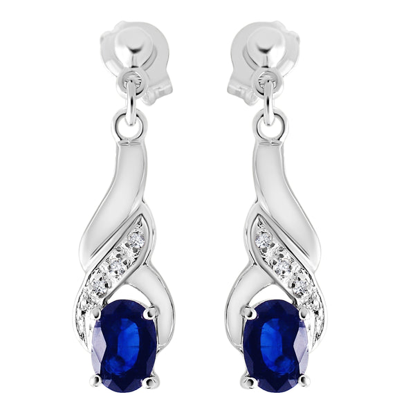 9K SOLID WHITE GOLD 1.20CT NATURAL BLUE SAPPHIRE AND 6 DIAMOND DROP DANGLE EARRINGS.