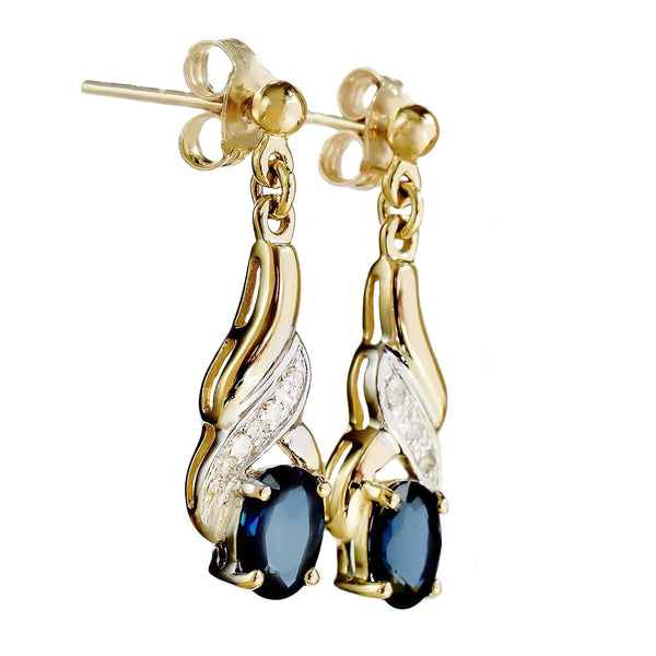 9K SOLID GOLD 1.20CT NATURAL BLUE SAPPHIRE AND 6 DIAMOND DROP DANGLE EARRINGS.