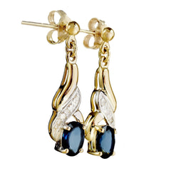 9K SOLID GOLD 1.20CT NATURAL BLUE SAPPHIRE AND 6 DIAMOND DROP DANGLE EARRINGS.